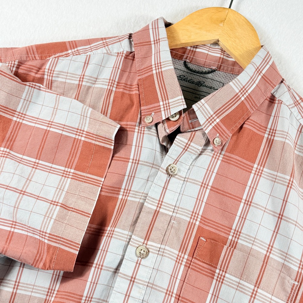 Eddie Bauer Button Down Shirt Mens Large Coral Plaid Gorpcore Outdoors Preppy
